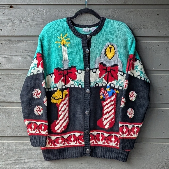 VTG 80s Heirlooms HandKnit 100% Wool Intarsia Christmas Holiday Sweater Medium - Picture 1 of 8